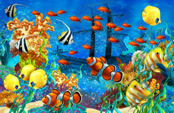 Картинка рисованные животные +рыбы водоросли кораллы парусник корабль рыбы морское дно море