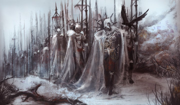 Картинка фэнтези люди рать войско доспехи копья снег ворон командующий