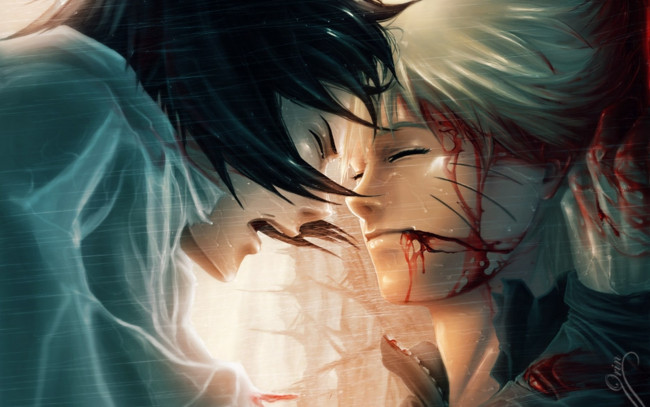 Обои картинки фото аниме, naruto, слёзы, кровь, наруто, саске