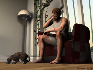 Картинка 3д+графика люди+ people кот светильник кресло мужчина
