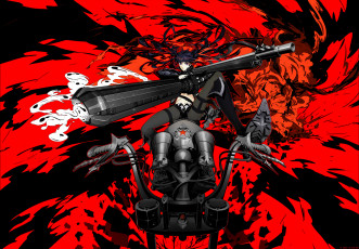 Картинка аниме black+rock+shooter оружие фон красный мотоцикл девушка арт arsenixc kuroi mato black rock shooter