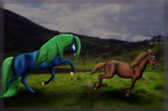 Картинка рисованное животные +лошади луг фон лошади
