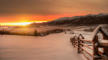 Картинка природа восходы закаты высокие татры горы зима рассвет снег забор