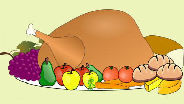 обоя векторная графика, еда, индейка, виноград, сыр, овощи, фрукты