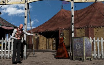Картинка 3д+графика люди+ people мужчина фон взгляд девушка забор цирк