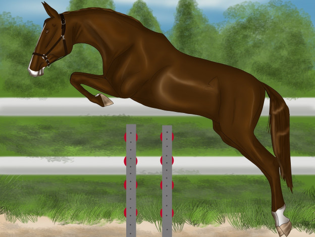 Обои картинки фото рисованное, животные,  лошади, забор, прыжок, лошадь
