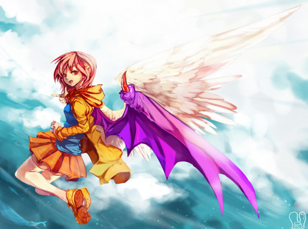 Обои картинки фото аниме, ангелы,  демоны, ангел, девушка, небо, крылья