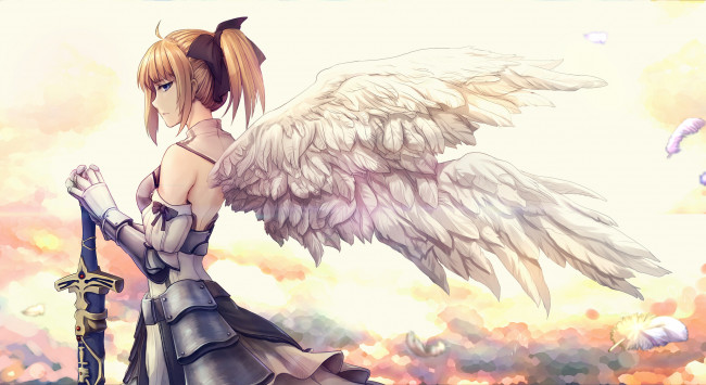 Обои картинки фото аниме, ангелы,  демоны, перья, оружие, меч, aoiakamaou, арт, девушка, ангел, крылья, saber, fate, unlimited, codes, lily