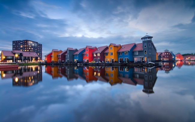 Обои картинки фото города, - здания,  дома, облака, дома, голландия, нидерланды, озеро