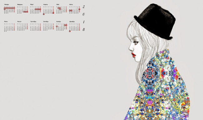 Обои картинки фото календари, рисованные,  векторная графика, девушка, 2018, шляпа, профиль