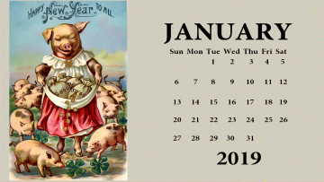 Картинка календари праздники +салюты поросенок растение свинья монета