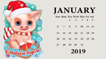 обоя календари, праздники,  салюты, поросенок, снежинка, шапка, свинья, санки