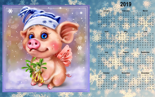 Обои картинки фото календари, праздники,  салюты, снежинка, свинья, фон, поросенок, шапка