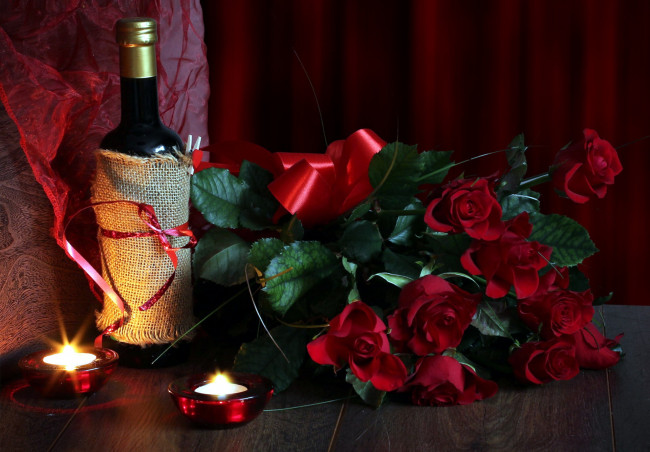 Обои картинки фото еда, напитки,  вино, бант, свечи, розы, вино, бутылка