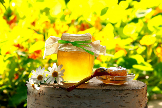 Обои картинки фото еда, мёд,  варенье,  повидло,  джем, ромашки, банка, мед, соты