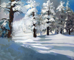 обоя рисованное, природа, лес, зима, снег