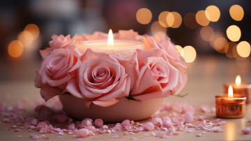 Картинка 3д+графика цветы+ flowers свет цветы розы букет свечи нежные розовые ии-арт