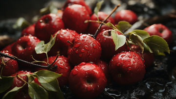 Картинка 3д+графика другое+ other листья капли ветки яблоки влага урожай плоды красные