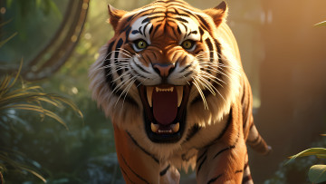 Картинка 3д+графика животные+ animals взгляд тигр клыки морда хищник спереди цифровое искусство большая кошка