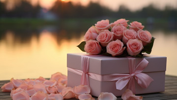 обоя праздничные, подарки и коробочки, цветы, праздник, подарок, доски, розы, букет, лепестки, розовые