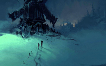 Картинка фэнтези люди мельница снег лес зима