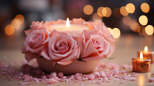 Обои картинки фото 3д графика, цветы , flowers, свет, цветы, розы, букет, свечи, нежные, розовые, ии-арт