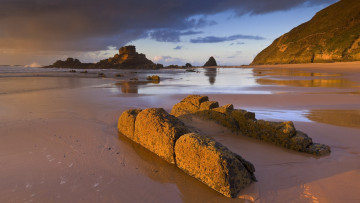 обоя природа, побережье, море, португалия, пляж, песок, камни, скалы