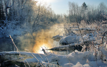 Картинка природа зима закат река туман деревья
