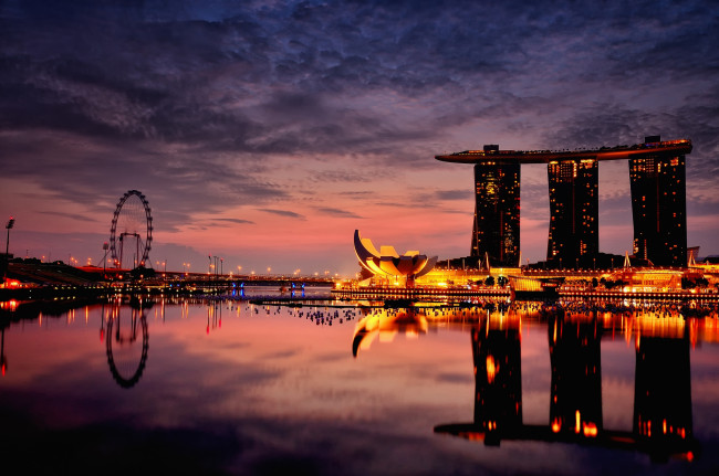 Обои картинки фото города, сингапур, закат, ночь, марина, бей