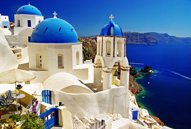 Обои картинки фото oia, santorini, greece, города, санторини, греция, побережье, церковь, море