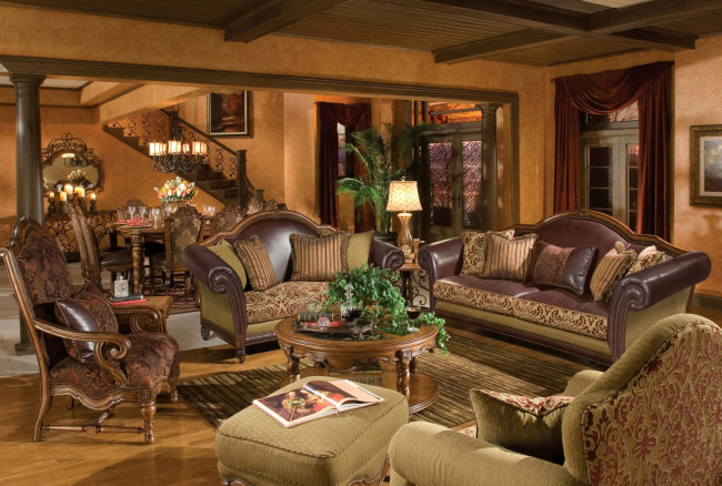 Обои картинки фото интерьер, гостиная, стол, кресла, лестница, цветы, диван