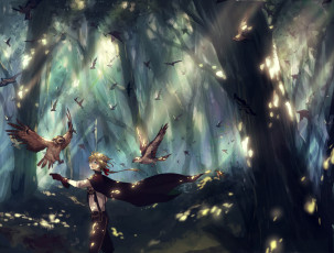 Картинка аниме животные +существа мужчина сова лента плащ перчатка свет canarinu kmes деревья птицы лес