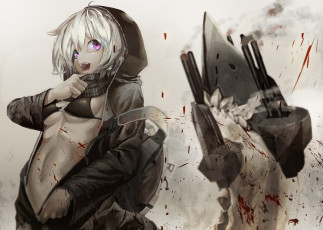 Картинка аниме kantai+collection re-class battleship kirii девушка кровь капюшон робот дрон шарф оружие техника