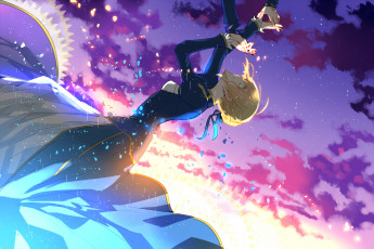 Картинка аниме fate stay+night saber sennro девушка руки платье блики рассвет небо облака