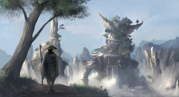 Картинка фэнтези иные+миры +иные+времена азия путник la ciero храм водопад скалы мужчина арт посох