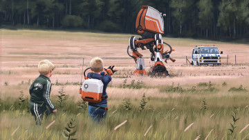 Картинка фэнтези роботы +киборги +механизмы механоид робот дети будущее поле полиция