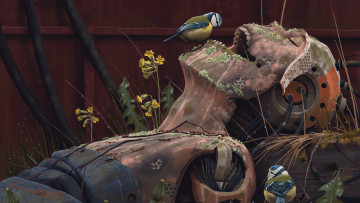 Картинка фэнтези роботы +киборги +механизмы робот художник саймон стэленхаг птички трава руины фантастика киборг