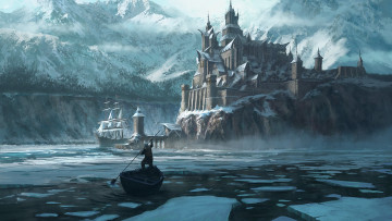 Картинка фэнтези замки человек лодка город зима лед корабль горы берег море