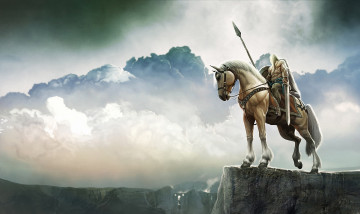 Картинка фэнтези люди меч всадник воин утес конь копье