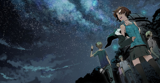 Обои картинки фото аниме, miwa shirow , artbook, miwa, shirow, ночь, небо, космос, звезды, облака, девушка, мужчина, люди, лес, обсерватория