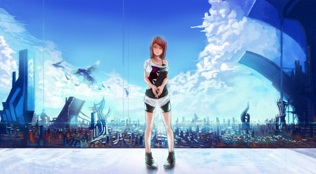 Обои картинки фото аниме, город,  улицы,  здания, девушка, небо, облака, sheng, арт, птицы
