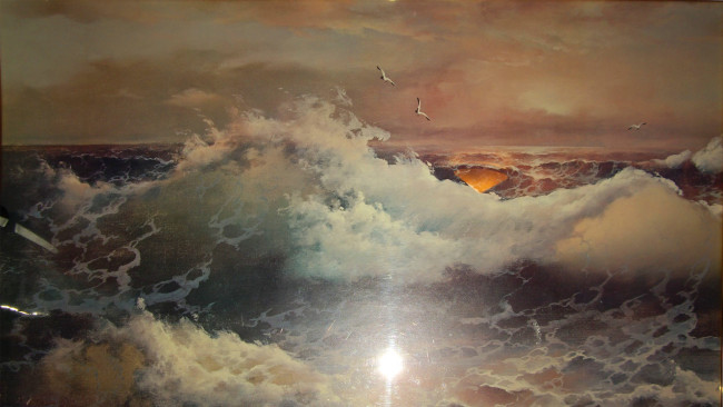 Обои картинки фото рисованное, живопись, картина, небо, море, тучи, шторм, волны, птицы, чайки