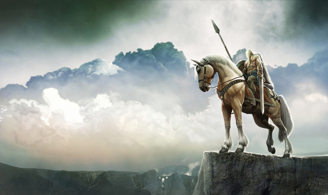Обои картинки фото фэнтези, люди, меч, всадник, воин, утес, конь, копье