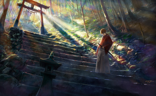 Обои картинки фото аниме, rurouni kenshin, лучи, himura, kenshin, лес, rurouni, лестница, меч, ступени, парень, арт, shitub52