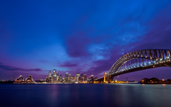 Обои картинки фото города, сидней , австралия, огни, мост, пролив, город, the, sydney, opera, house, central, business, district, cbd, вечер