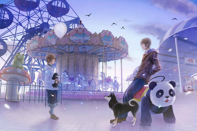 Обои картинки фото аниме, животные,  существа, собака, пёс, мальчик, парень, щенок, карусели, арт, kirinosuke, птицы, панда