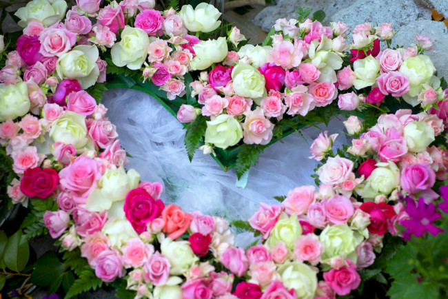 Обои картинки фото цветы, розы, венок, праздник, сердце, разноцветный