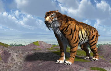 Картинка 3д+графика животные+ animals фон смилодон тигр