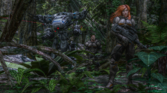 Обои картинки фото 3д графика, фантазия , fantasy, девушка, робот, взгляд, лес, парень, оружие, фон