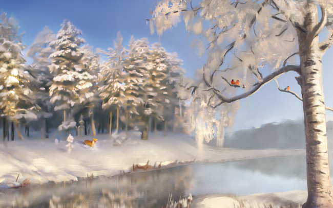 Обои картинки фото рисованное, природа, лис, лиса, зима, деревья, снег, река, пейзаж, земля